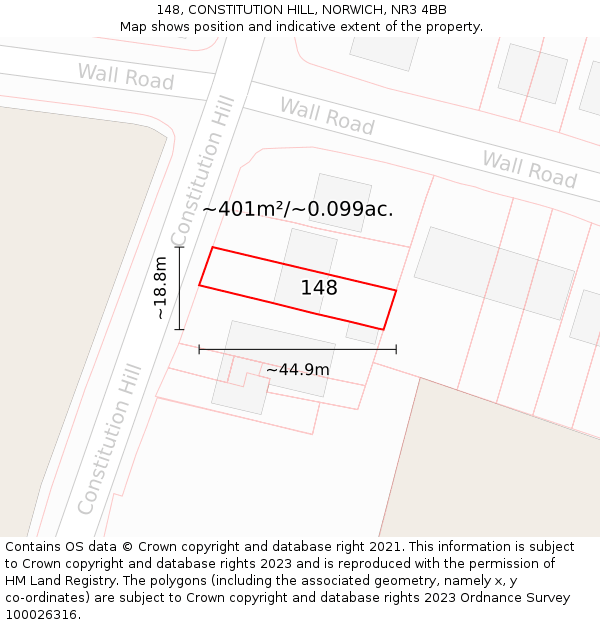 148, CONSTITUTION HILL, NORWICH, NR3 4BB: Plot and title map