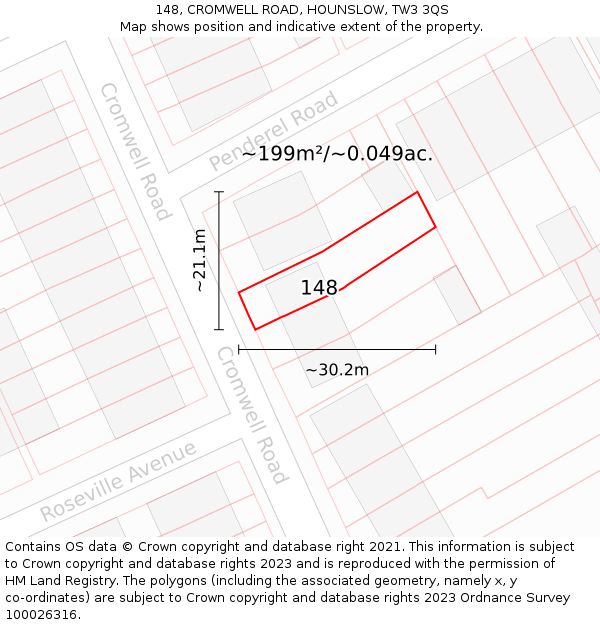 148, CROMWELL ROAD, HOUNSLOW, TW3 3QS: Plot and title map