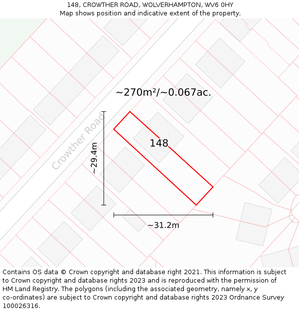 148, CROWTHER ROAD, WOLVERHAMPTON, WV6 0HY: Plot and title map