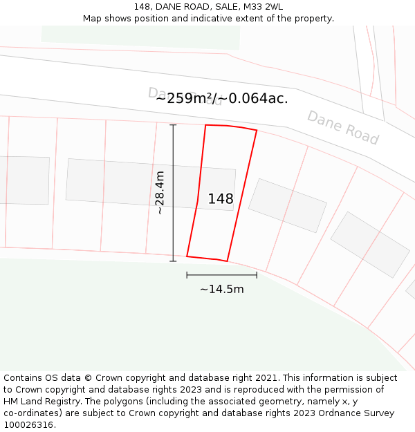 148, DANE ROAD, SALE, M33 2WL: Plot and title map
