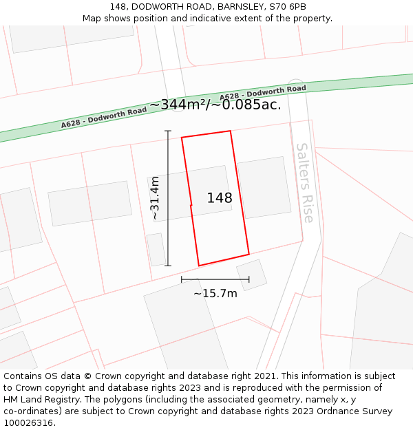 148, DODWORTH ROAD, BARNSLEY, S70 6PB: Plot and title map