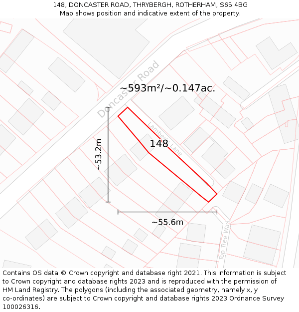 148, DONCASTER ROAD, THRYBERGH, ROTHERHAM, S65 4BG: Plot and title map
