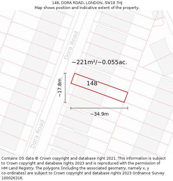 148, DORA ROAD, LONDON, SW19 7HJ: Plot and title map