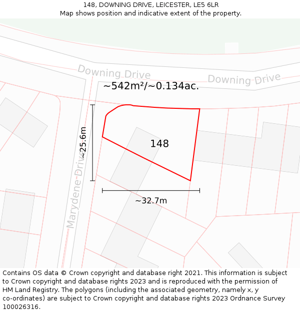 148, DOWNING DRIVE, LEICESTER, LE5 6LR: Plot and title map