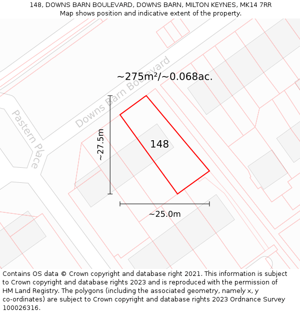 148, DOWNS BARN BOULEVARD, DOWNS BARN, MILTON KEYNES, MK14 7RR: Plot and title map