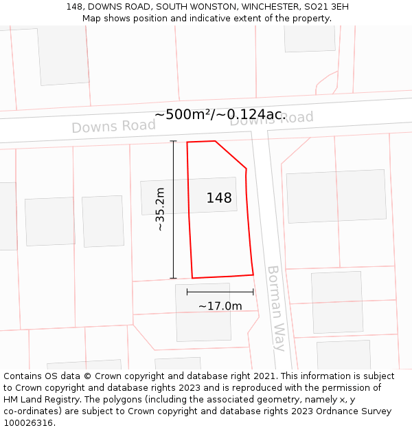 148, DOWNS ROAD, SOUTH WONSTON, WINCHESTER, SO21 3EH: Plot and title map