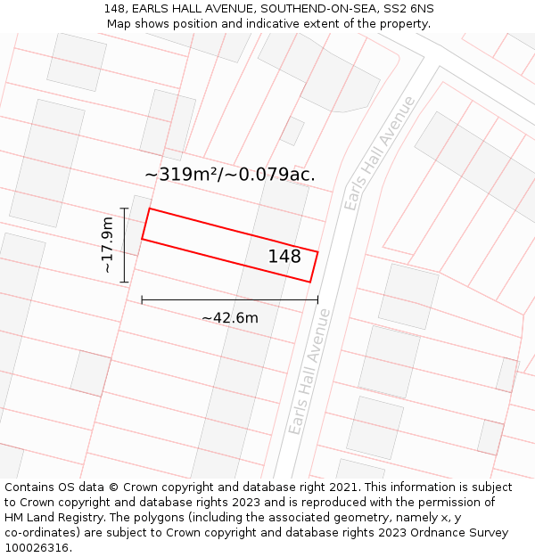 148, EARLS HALL AVENUE, SOUTHEND-ON-SEA, SS2 6NS: Plot and title map