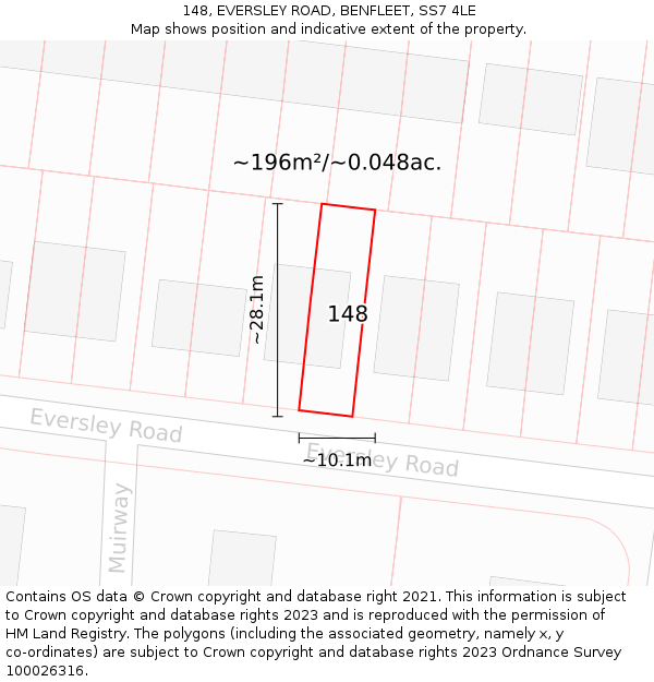 148, EVERSLEY ROAD, BENFLEET, SS7 4LE: Plot and title map