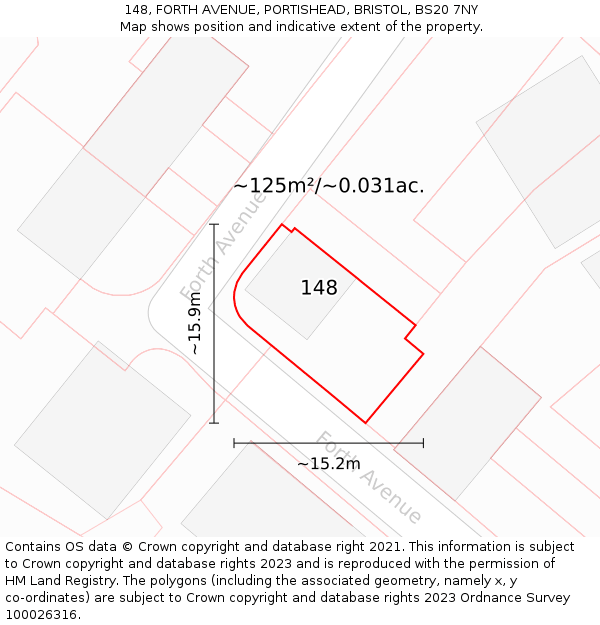 148, FORTH AVENUE, PORTISHEAD, BRISTOL, BS20 7NY: Plot and title map