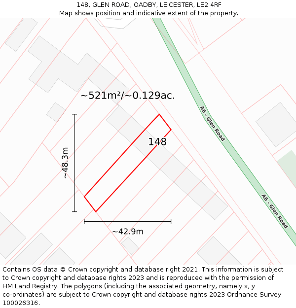 148, GLEN ROAD, OADBY, LEICESTER, LE2 4RF: Plot and title map