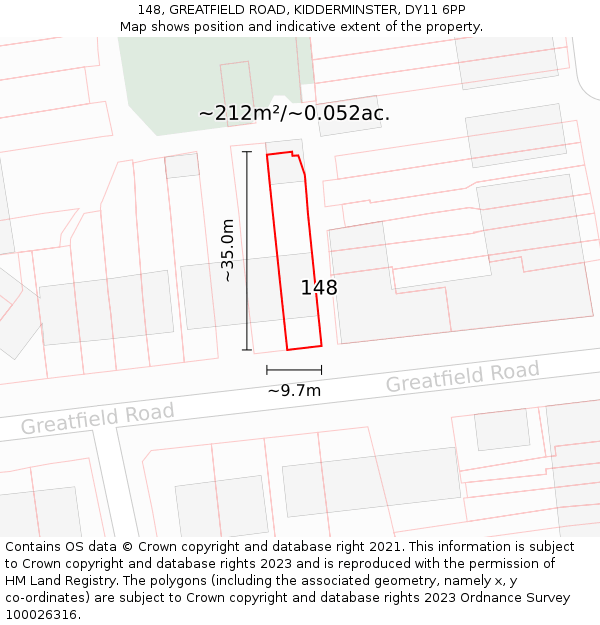 148, GREATFIELD ROAD, KIDDERMINSTER, DY11 6PP: Plot and title map