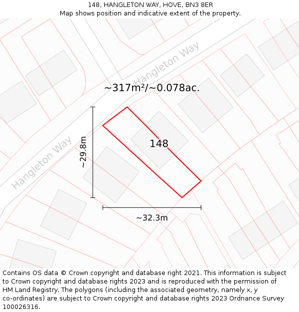 148, HANGLETON WAY, HOVE, BN3 8ER: Plot and title map