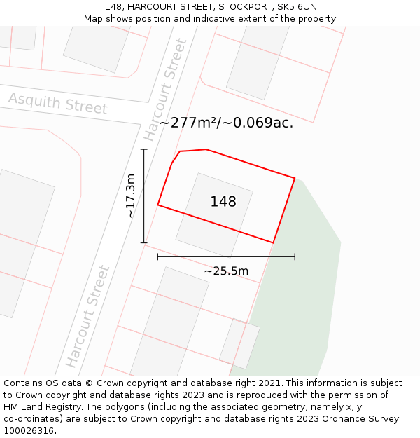 148, HARCOURT STREET, STOCKPORT, SK5 6UN: Plot and title map