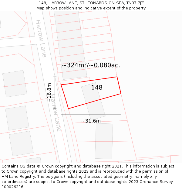 148, HARROW LANE, ST LEONARDS-ON-SEA, TN37 7JZ: Plot and title map