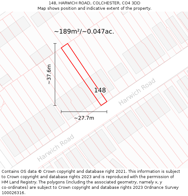 148, HARWICH ROAD, COLCHESTER, CO4 3DD: Plot and title map