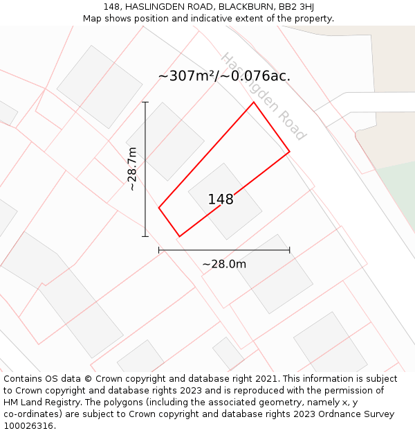 148, HASLINGDEN ROAD, BLACKBURN, BB2 3HJ: Plot and title map