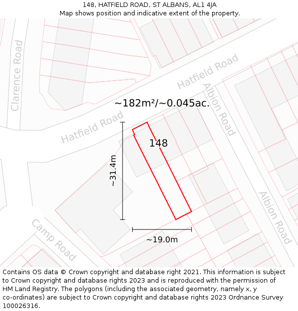148, HATFIELD ROAD, ST ALBANS, AL1 4JA: Plot and title map