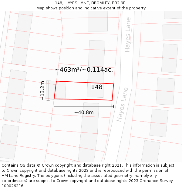 148, HAYES LANE, BROMLEY, BR2 9EL: Plot and title map