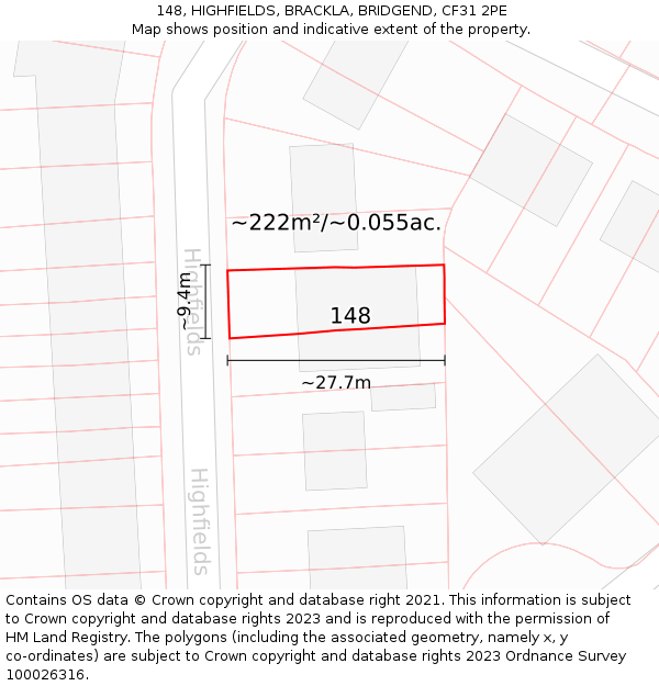 148, HIGHFIELDS, BRACKLA, BRIDGEND, CF31 2PE: Plot and title map