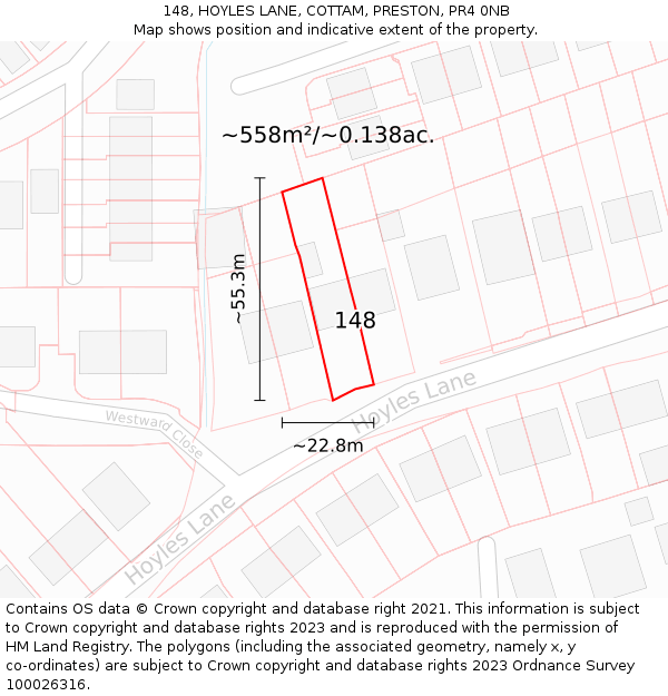 148, HOYLES LANE, COTTAM, PRESTON, PR4 0NB: Plot and title map