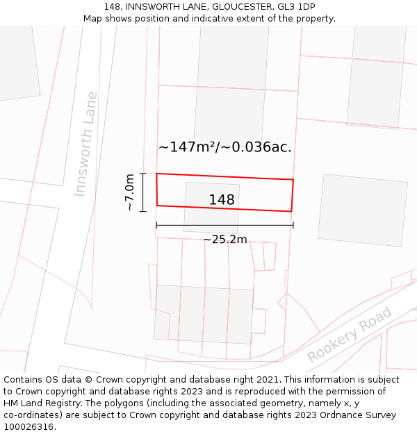 148, INNSWORTH LANE, GLOUCESTER, GL3 1DP: Plot and title map