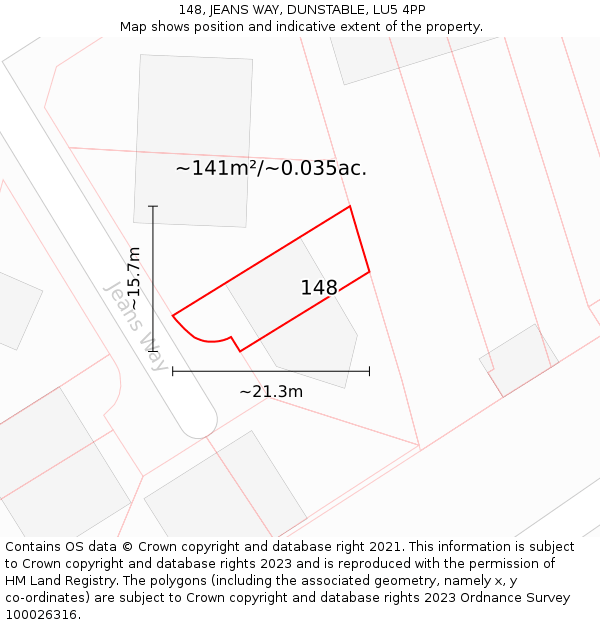 148, JEANS WAY, DUNSTABLE, LU5 4PP: Plot and title map