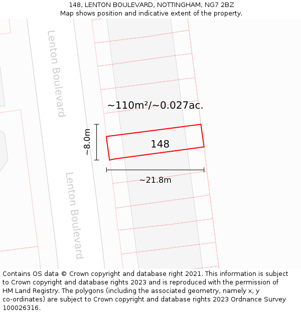 148, LENTON BOULEVARD, NOTTINGHAM, NG7 2BZ: Plot and title map