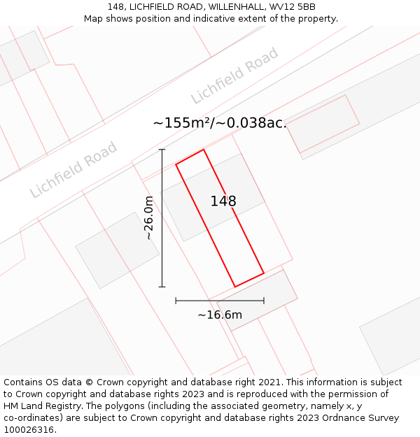 148, LICHFIELD ROAD, WILLENHALL, WV12 5BB: Plot and title map