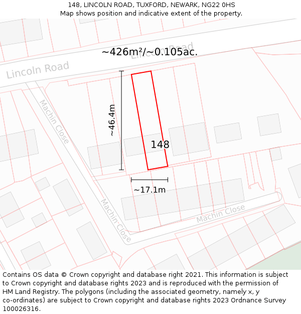 148, LINCOLN ROAD, TUXFORD, NEWARK, NG22 0HS: Plot and title map
