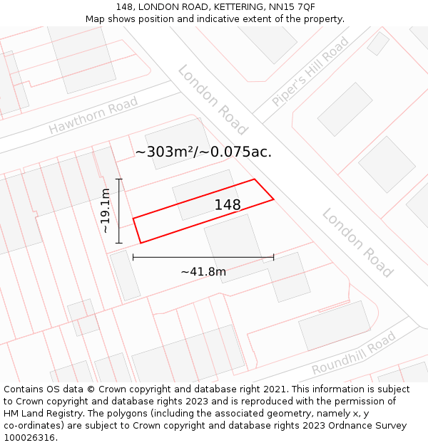 148, LONDON ROAD, KETTERING, NN15 7QF: Plot and title map