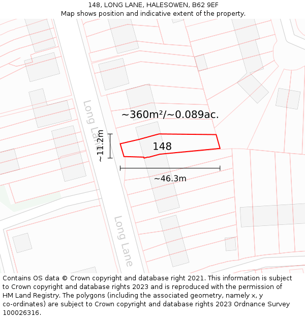 148, LONG LANE, HALESOWEN, B62 9EF: Plot and title map