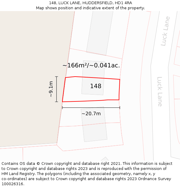 148, LUCK LANE, HUDDERSFIELD, HD1 4RA: Plot and title map