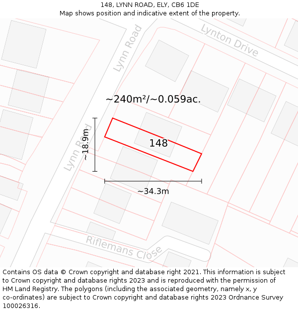 148, LYNN ROAD, ELY, CB6 1DE: Plot and title map