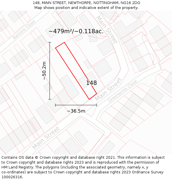 148, MAIN STREET, NEWTHORPE, NOTTINGHAM, NG16 2DG: Plot and title map
