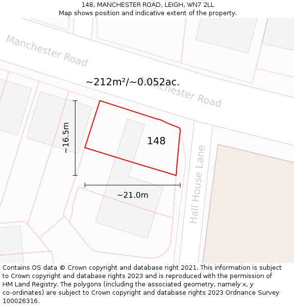 148, MANCHESTER ROAD, LEIGH, WN7 2LL: Plot and title map