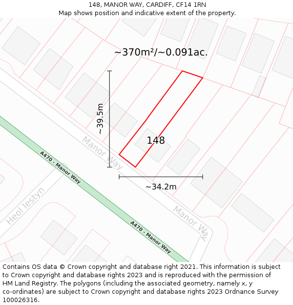148, MANOR WAY, CARDIFF, CF14 1RN: Plot and title map