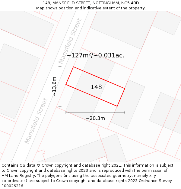 148, MANSFIELD STREET, NOTTINGHAM, NG5 4BD: Plot and title map