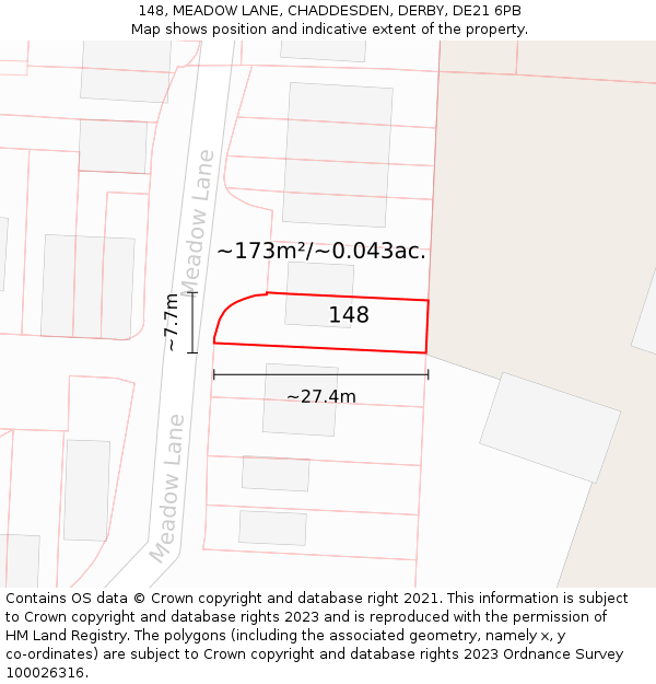 148, MEADOW LANE, CHADDESDEN, DERBY, DE21 6PB: Plot and title map