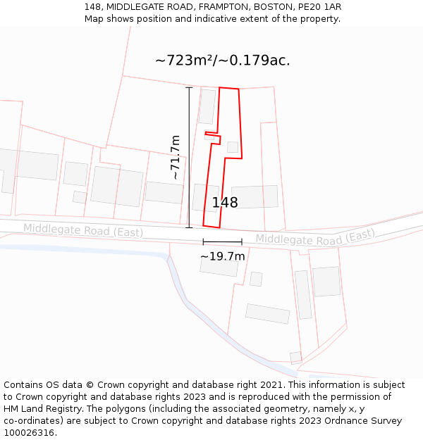 148, MIDDLEGATE ROAD, FRAMPTON, BOSTON, PE20 1AR: Plot and title map