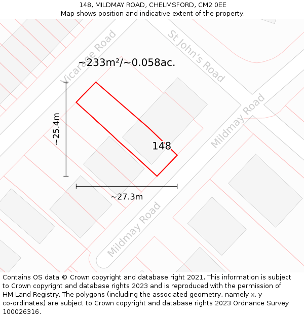 148, MILDMAY ROAD, CHELMSFORD, CM2 0EE: Plot and title map