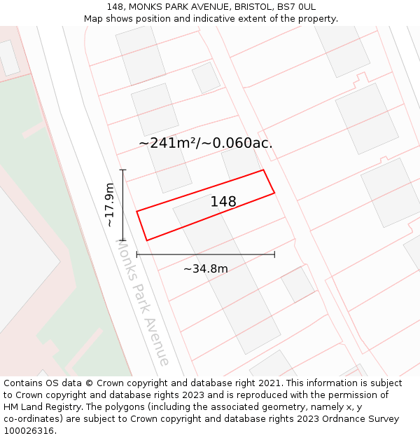 148, MONKS PARK AVENUE, BRISTOL, BS7 0UL: Plot and title map