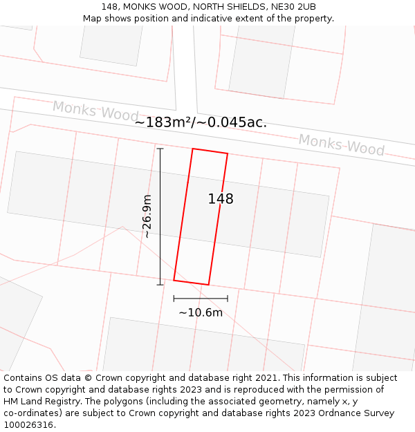 148, MONKS WOOD, NORTH SHIELDS, NE30 2UB: Plot and title map