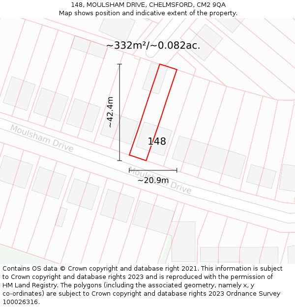 148, MOULSHAM DRIVE, CHELMSFORD, CM2 9QA: Plot and title map