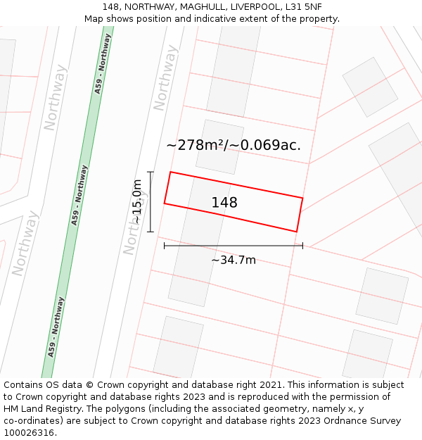 148, NORTHWAY, MAGHULL, LIVERPOOL, L31 5NF: Plot and title map