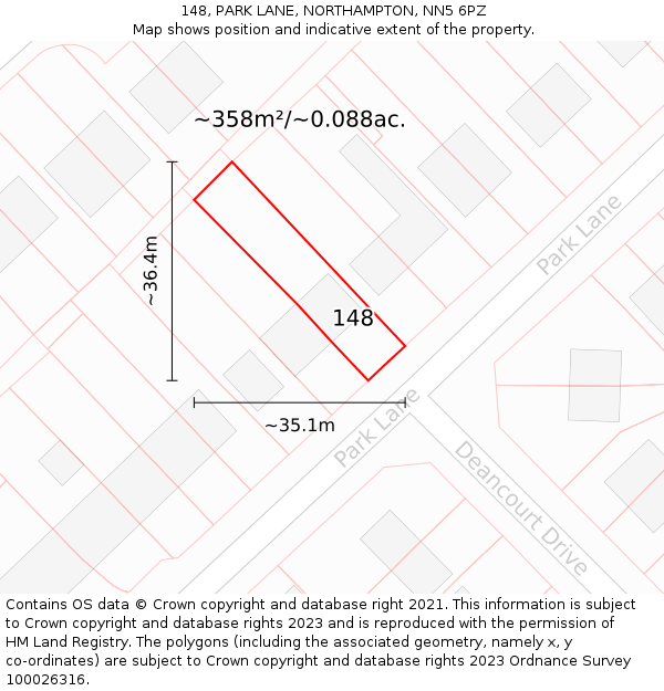 148, PARK LANE, NORTHAMPTON, NN5 6PZ: Plot and title map