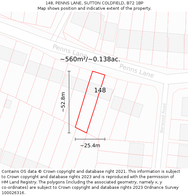 148, PENNS LANE, SUTTON COLDFIELD, B72 1BP: Plot and title map