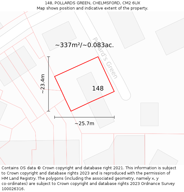148, POLLARDS GREEN, CHELMSFORD, CM2 6UX: Plot and title map
