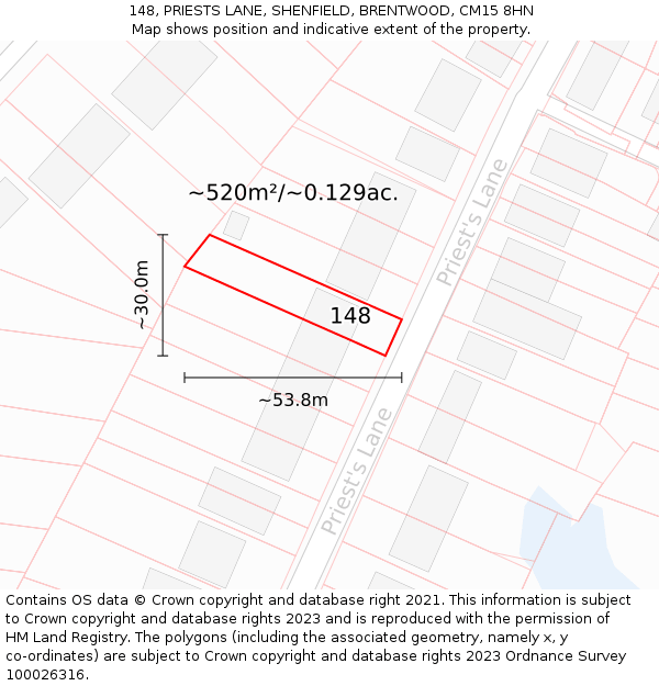 148, PRIESTS LANE, SHENFIELD, BRENTWOOD, CM15 8HN: Plot and title map
