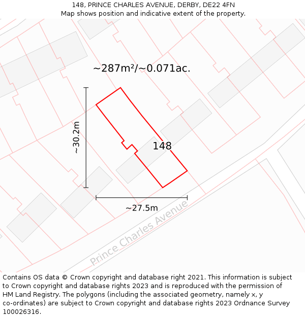 148, PRINCE CHARLES AVENUE, DERBY, DE22 4FN: Plot and title map