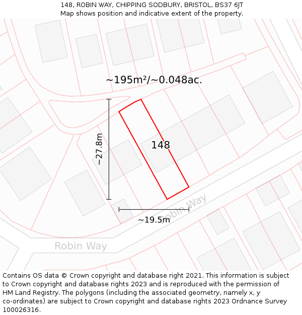148, ROBIN WAY, CHIPPING SODBURY, BRISTOL, BS37 6JT: Plot and title map